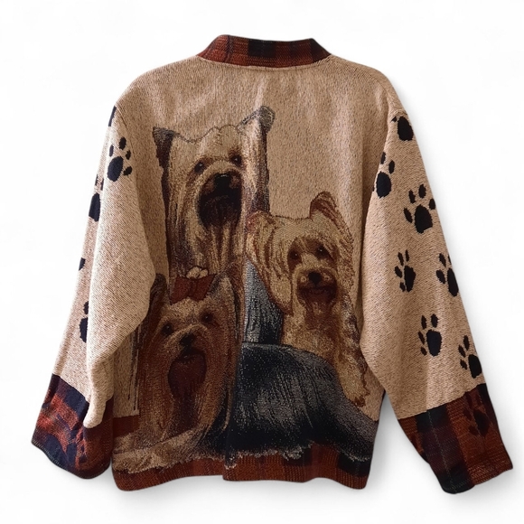 Vtg SUGAR STREET WEAVER Yorkshire Terrier Tapestry Jacket Cardigan Dogs Cottage - Picture 5 of 16